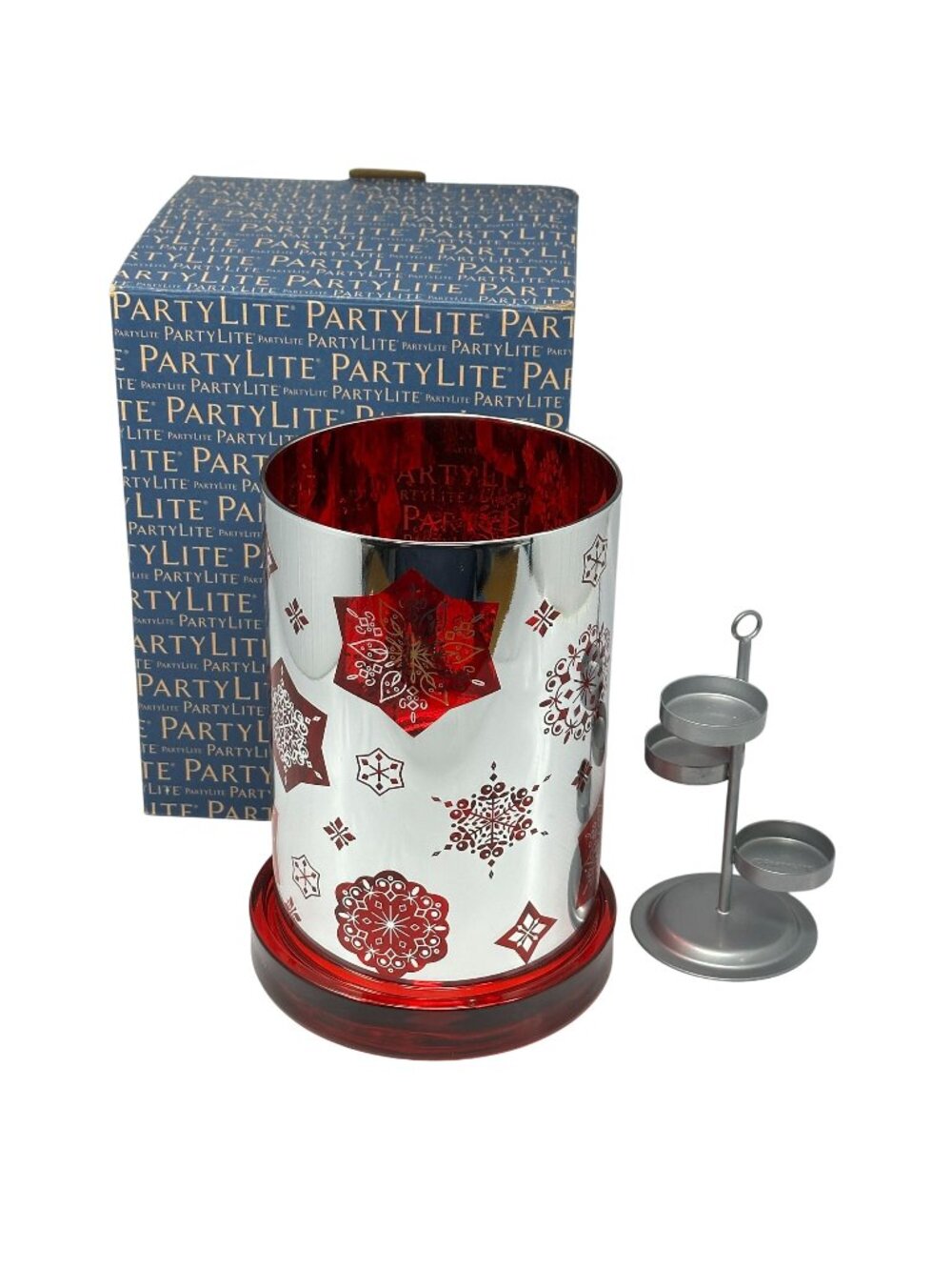 PartyLite P93182 Ruby Snowflake Hurricane Holiday Candle Holder Red Silver